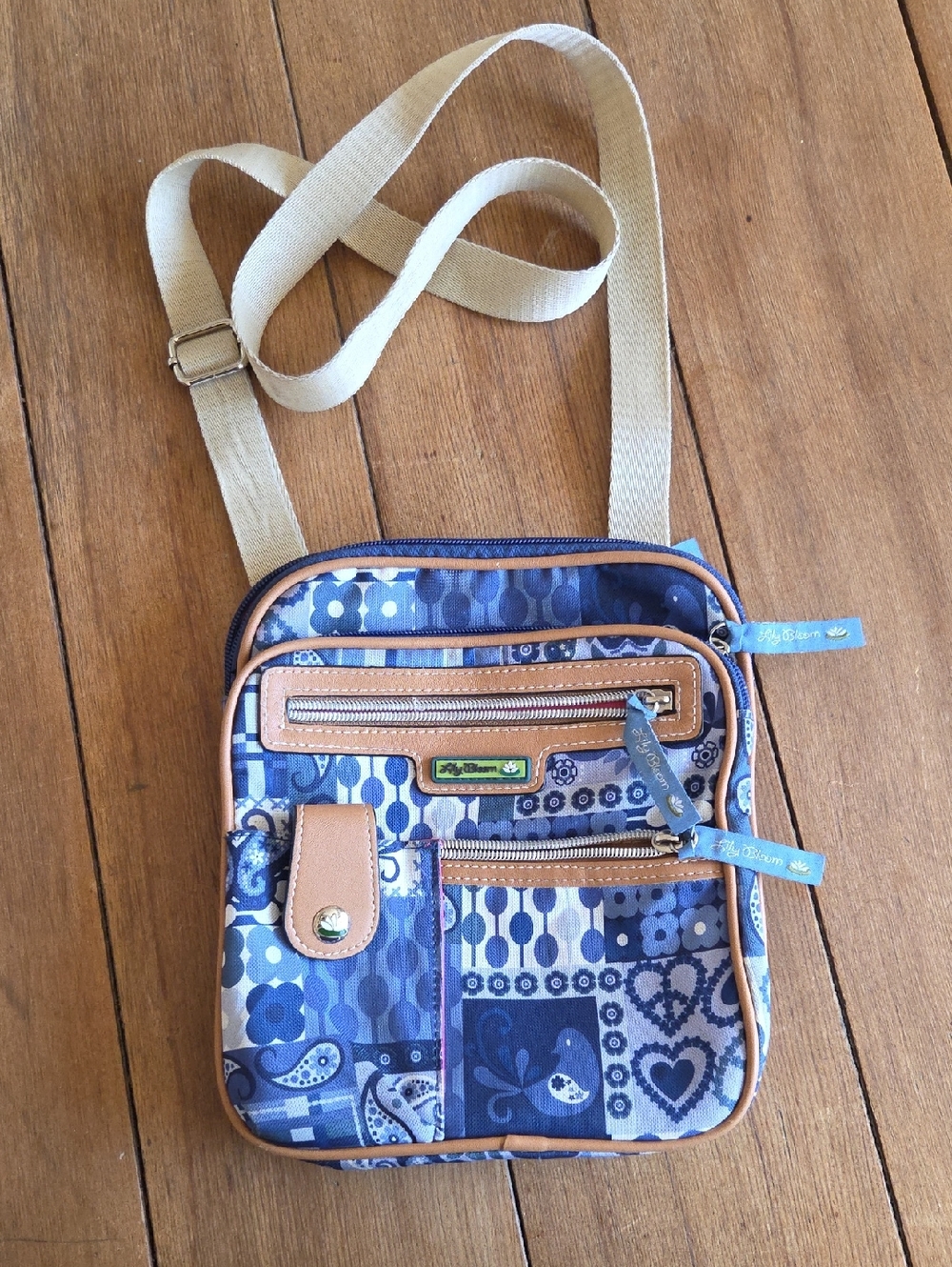 Lily Bloom Blue Patchwork Crossbody Bag with Tan Trim